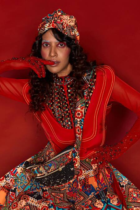 Buy Esha L Amin Red Crepe Embroidery Collared Tribal Motif Work Top Online at Aza Fashions Buy_Esha L Amin_Red Crepe Embroidery Collared Tribal Motif Work Top _Online_at_Aza_Fashions