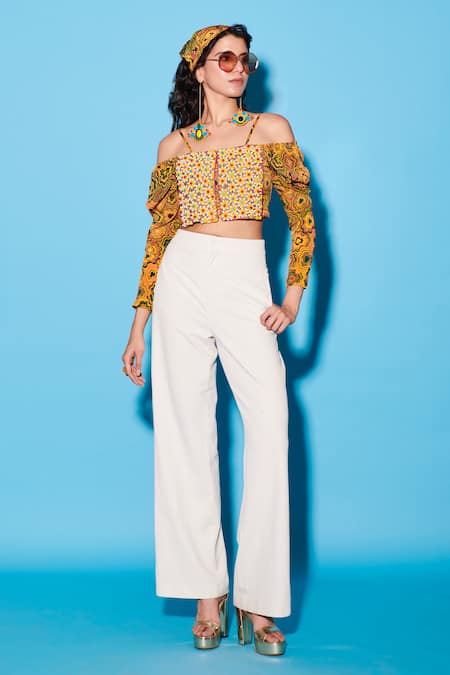 Shop Esha L Amin Yellow Viscose, Crepe Embroidery Square Neck Pinwheel Top at Aza Fashions Shop_Esha L Amin_Yellow Viscose, Crepe Embroidery Square Neck Pinwheel Top _at_Aza_Fashions