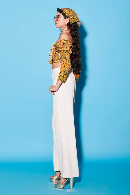 Esha L Amin Yellow Viscose, Crepe Embroidery Square Neck Pinwheel Top Online at Aza Fashions Esha L Amin_Yellow Viscose, Crepe Embroidery Square Neck Pinwheel Top _Online_at_Aza_Fashions