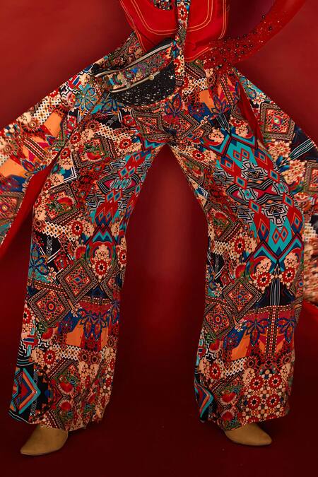 Buy_Esha L Amin_Multi Color Viscose Abstract Floral Print Panel Pant _Online_at_Aza_Fashions