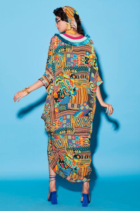 Shop Esha L Amin Multi Color Viscose, Crepe V-neck Abstract Aztec Print Kaftan at Aza Fashions Shop_Esha L Amin_Multi Color Viscose, Crepe V-neck Abstract Aztec Print Kaftan _at_Aza_Fashions