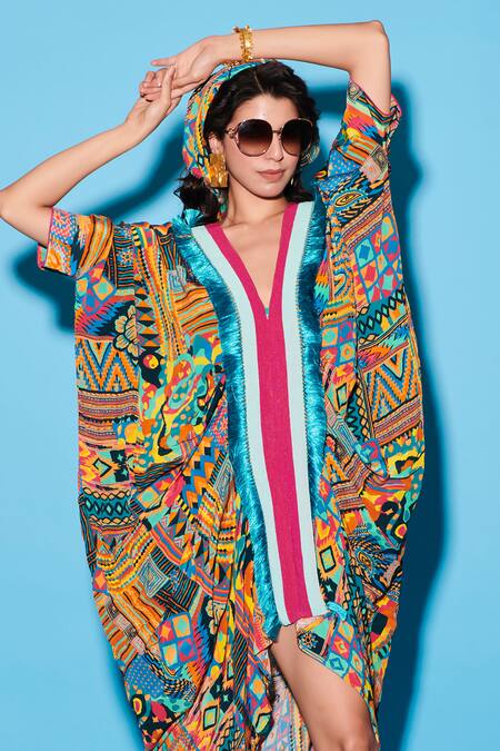Esha L Amin Multi Color Viscose, Crepe V-neck Abstract Aztec Print Kaftan Online at Aza Fashions Esha L Amin_Multi Color Viscose, Crepe V-neck Abstract Aztec Print Kaftan _Online_at_Aza_Fashions