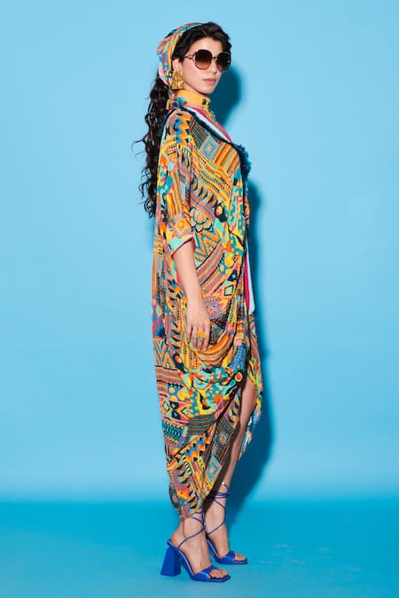Buy Esha L Amin Multi Color Viscose, Crepe V-neck Abstract Aztec Print Kaftan Online at Aza Fashions Buy_Esha L Amin_Multi Color Viscose, Crepe V-neck Abstract Aztec Print Kaftan _Online_at_Aza_Fashions