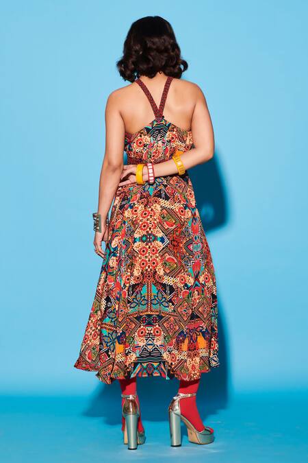 Shop Esha L Amin Multi Color Viscose, Crepe Crew Neck Abstract Floral Print Dress at Aza Fashions Shop_Esha L Amin_Multi Color Viscose, Crepe Crew Neck Abstract Floral Print Dress _at_Aza_Fashions