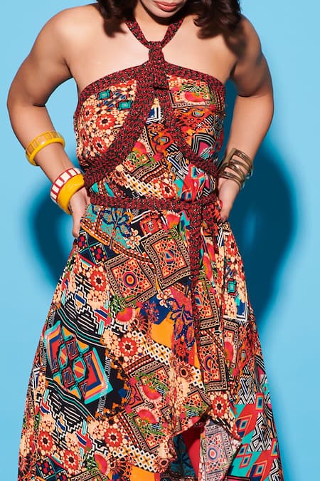 Esha L Amin Multi Color Viscose, Crepe Crew Neck Abstract Floral Print Dress Online at Aza Fashions Esha L Amin_Multi Color Viscose, Crepe Crew Neck Abstract Floral Print Dress _Online_at_Aza_Fashions