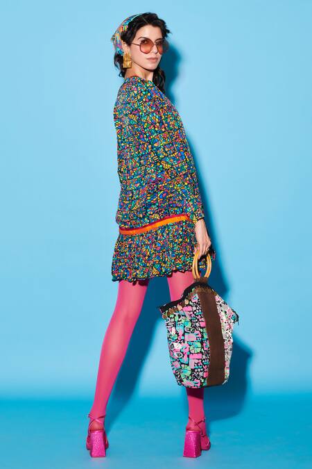 Shop Esha L Amin Multi Color Viscose, Crepe V-neck Floral Tile Print Short Dress at Aza Fashions Shop_Esha L Amin_Multi Color Viscose, Crepe V-neck Floral Tile Print Short Dress _at_Aza_Fashions