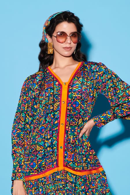 Esha L Amin Multi Color Viscose, Crepe V-neck Floral Tile Print Short Dress Online at Aza Fashions Esha L Amin_Multi Color Viscose, Crepe V-neck Floral Tile Print Short Dress _Online_at_Aza_Fashions