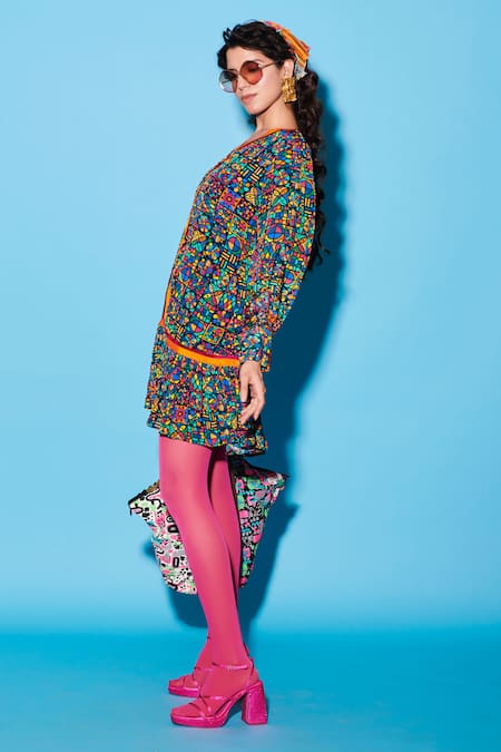 Buy Esha L Amin Multi Color Viscose, Crepe V-neck Floral Tile Print Short Dress Online at Aza Fashions Buy_Esha L Amin_Multi Color Viscose, Crepe V-neck Floral Tile Print Short Dress _Online_at_Aza_Fashions