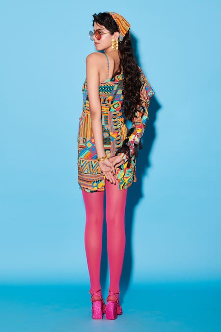 Shop Esha L Amin Multi Color Viscose, Crepe Fringe Asymmetric Aztec Print One Shoulder Dress at Aza Fashions Shop_Esha L Amin_Multi Color Viscose, Crepe Fringe Asymmetric Aztec Print One Shoulder Dress _at_Aza_Fashions