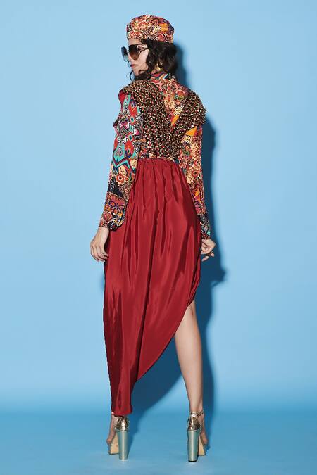 Shop Esha L Amin Multi Color Crepe Embroidery V-neck Salli Top at Aza Fashions Shop_Esha L Amin_Multi Color Crepe Embroidery V-neck Salli Top _at_Aza_Fashions