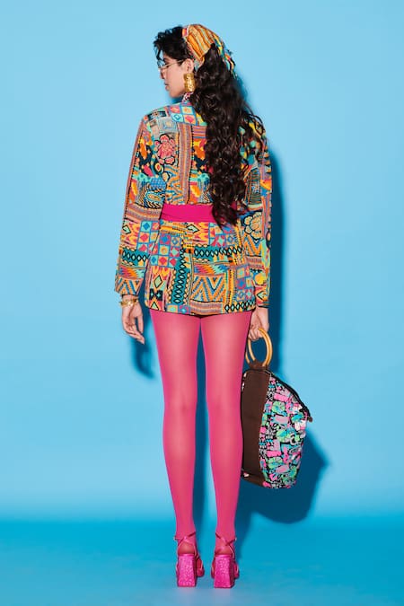 Shop_Esha L Amin_Multi Color Viscose Embroidery Collared Floral Abstract Print Jacket _at_Aza_Fashions