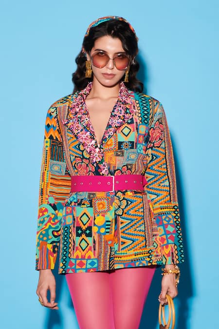 Esha L Amin_Multi Color Viscose Embroidery Collared Floral Abstract Print Jacket _Online_at_Aza_Fashions