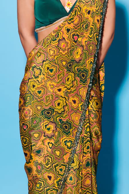 Esha L Amin_Yellow Viscose, Crepe Pre-draped Pinwheel Print Saree _Online_at_Aza_Fashions
