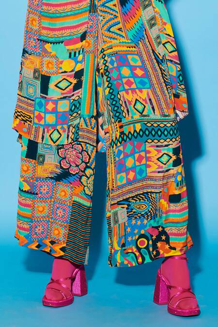 Esha L Amin Multi Color Viscose Aztec Pattern Flared Pant Online at Aza Fashions Esha L Amin_Multi Color Viscose Aztec Pattern Flared Pant _Online_at_Aza_Fashions