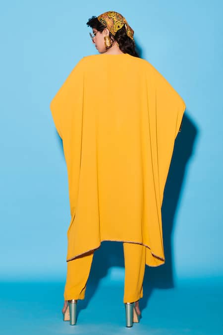 Shop Esha L Amin Yellow Georgette Embroidery V-neck Double Kaftan Kurta at Aza Fashions Shop_Esha L Amin_Yellow Georgette Embroidery V-neck Double Kaftan Kurta _at_Aza_Fashions