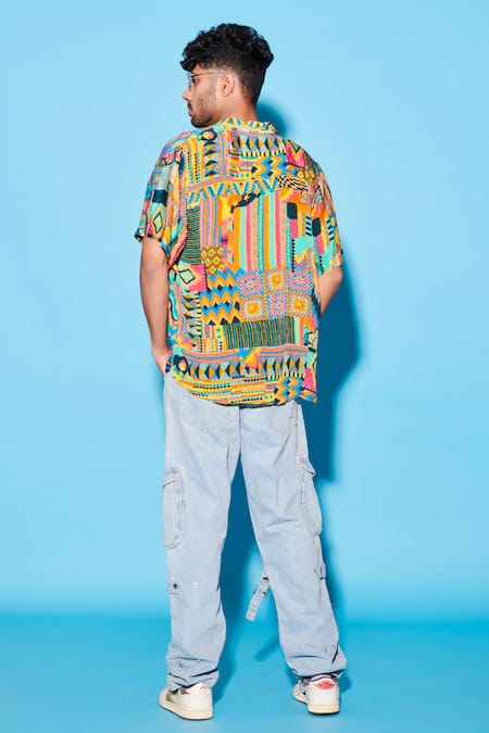 Shop Esha L Amin Multi Color Viscose, Crepe Aztec Pattern Half Sleeve Shirt at Aza Fashions Shop_Esha L Amin_Multi Color Viscose, Crepe Aztec Pattern Half Sleeve Shirt _at_Aza_Fashions