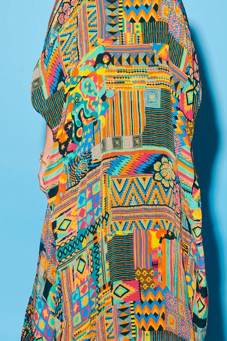 Esha L Amin Multi Color Abstract Geometric Pattern Cape Online at Aza Fashions Esha L Amin_Multi Color Abstract Geometric Pattern Cape _Online_at_Aza_Fashions
