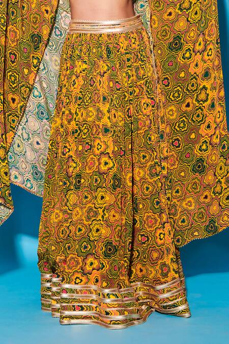 Esha L Amin Yellow Viscose, Crepe Embroidery Pinwheel Abstract Pattern Lehenga Online at Aza Fashions Esha L Amin_Yellow Viscose, Crepe Embroidery Pinwheel Abstract Pattern Lehenga _Online_at_Aza_Fashions