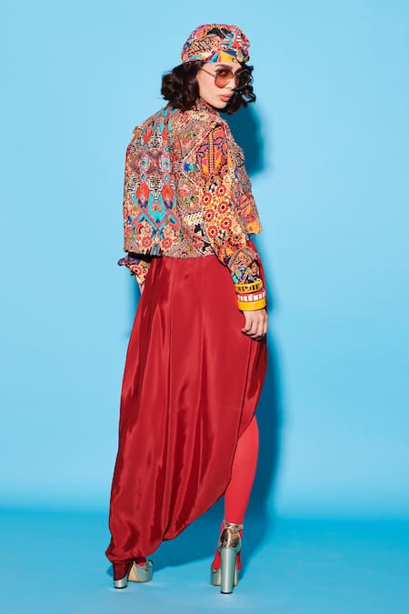 Shop_Esha L Amin_Maroon Faux Leather Asymmetric Sarong Skirt _at_Aza_Fashions