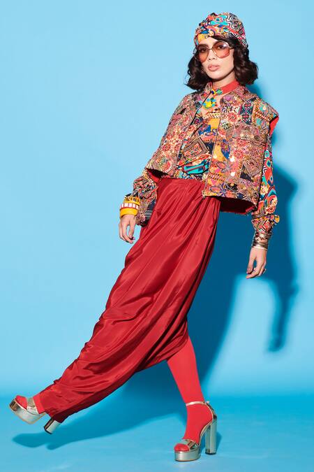 Buy_Esha L Amin_Maroon Faux Leather Asymmetric Sarong Skirt _Online_at_Aza_Fashions