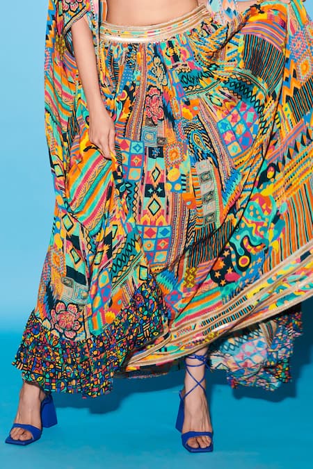 Esha L Amin_Multi Color Viscose, Crepe Embroidery Flared Lehenga _Online_at_Aza_Fashions