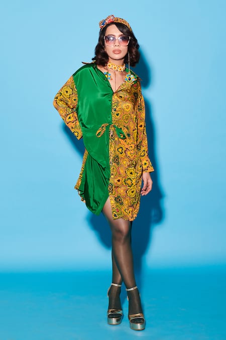Shop Esha L Amin Green Viscose, Crepe Collared Color Blocked Knot Shirt Dress at Aza Fashions Shop_Esha L Amin_Green Viscose, Crepe Collared Color Blocked Knot Shirt Dress _at_Aza_Fashions