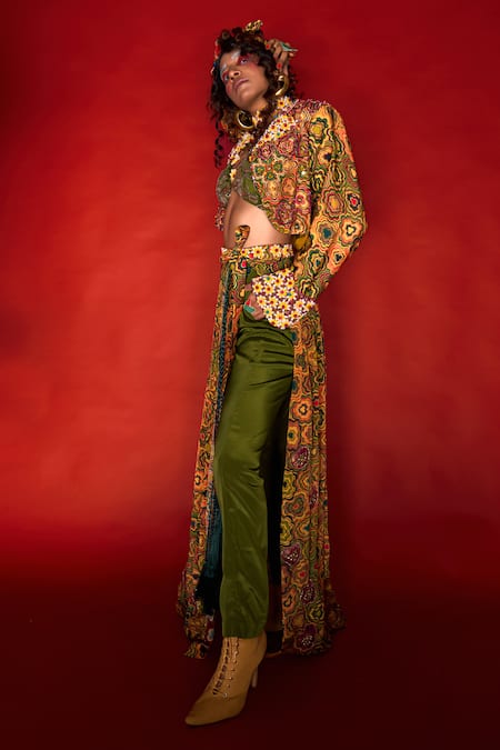 Esha L Amin_Yellow Viscose, Crepe Beads Collared Pinwheel Pattern Embroidered Jacket _Online_at_Aza_Fashions