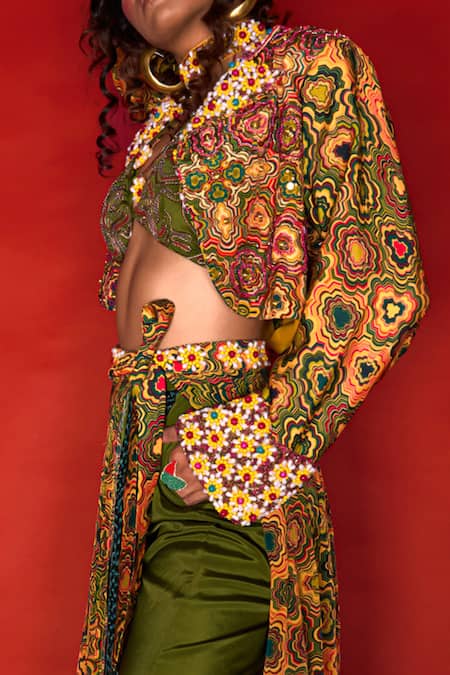 Buy_Esha L Amin_Yellow Viscose, Crepe Beads Collared Pinwheel Pattern Embroidered Jacket _Online_at_Aza_Fashions