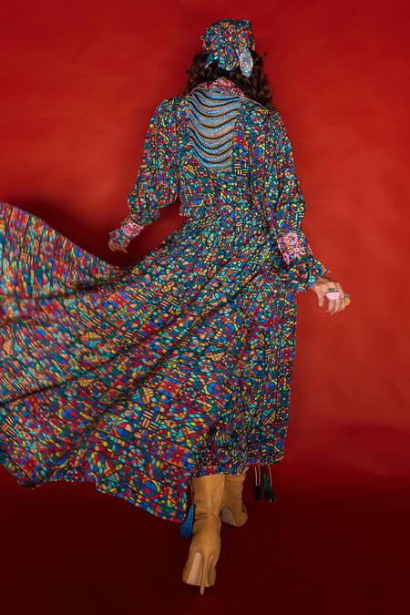 Shop_Esha L Amin_Multi Color Viscose Tassels Collared Tile Pattern Braided Top _at_Aza_Fashions