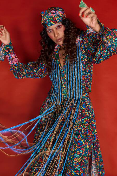 Esha L Amin_Multi Color Viscose Tassels Collared Tile Pattern Braided Top _Online_at_Aza_Fashions