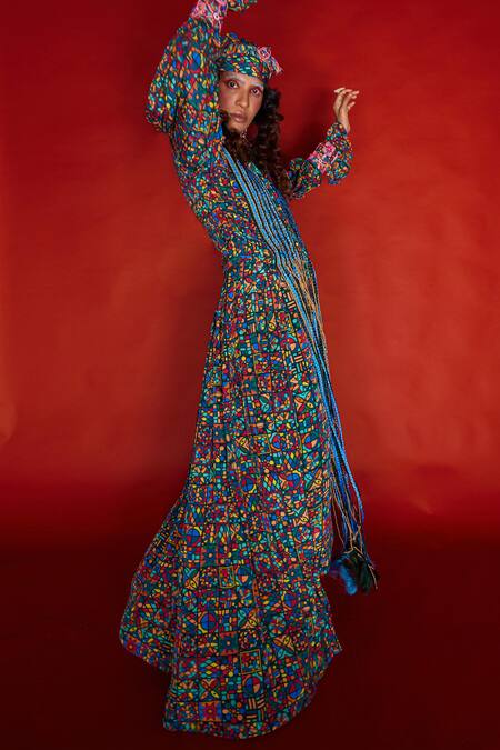 Buy_Esha L Amin_Multi Color Viscose Tassels Collared Tile Pattern Braided Top _Online_at_Aza_Fashions