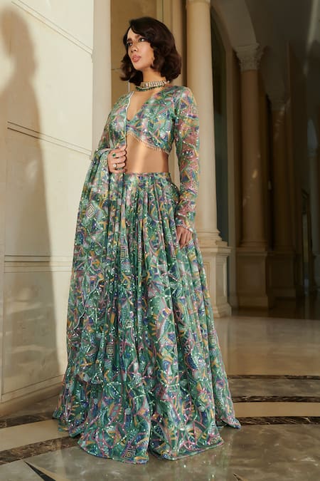 Esha L Amin Green Net Embroidered Sequin Plunge V Lehenga Set 