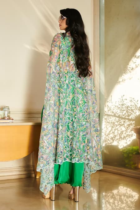 Shop Esha L Amin Green Satin, Net Sequins Plunge Neck Embroidered Sarong Set at Aza Fashions Shop_Esha L Amin_Green Satin, Net Sequins Plunge Neck Embroidered Sarong Set _at_Aza_Fashions