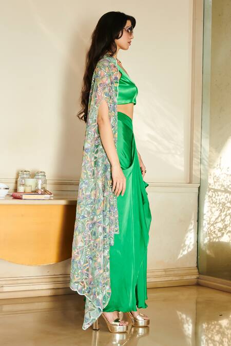 Esha L Amin Green Satin, Net Sequins Plunge Neck Embroidered Sarong Set Online at Aza Fashions Esha L Amin_Green Satin, Net Sequins Plunge Neck Embroidered Sarong Set _Online_at_Aza_Fashions