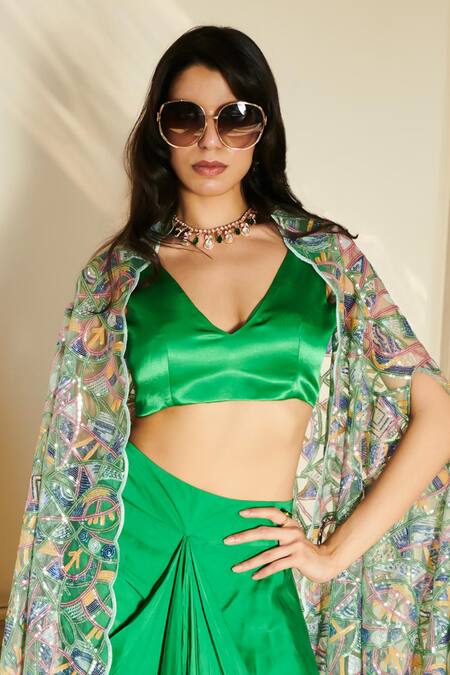Buy Esha L Amin Green Satin, Net Sequins Plunge Neck Embroidered Sarong Set Online at Aza Fashions Buy_Esha L Amin_Green Satin, Net Sequins Plunge Neck Embroidered Sarong Set _Online_at_Aza_Fashions