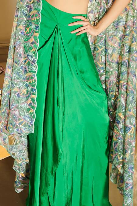 Shop Esha L Amin Green Satin, Net Sequins Plunge Neck Embroidered Sarong Set Online at Aza Fashions Shop_Esha L Amin_Green Satin, Net Sequins Plunge Neck Embroidered Sarong Set _Online_at_Aza_Fashions