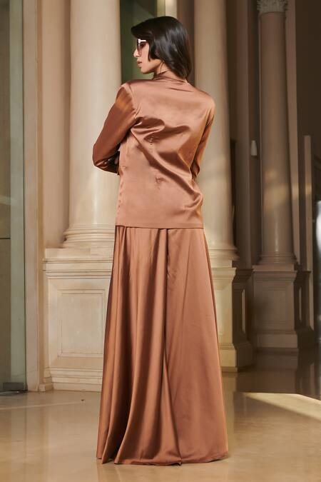 Shop Esha L Amin Brown Net, Satin Sequins, Beads Sweetheart Solid Flared Pant Set With Corset at Aza Fashions Shop_Esha L Amin_Brown Net, Satin Sequins, Beads Sweetheart Solid Flared Pant Set With Corset _at_Aza_Fashions