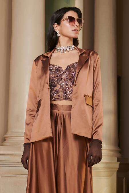 Esha L Amin Brown Net, Satin Sequins, Beads Sweetheart Solid Flared Pant Set With Corset Online at Aza Fashions Esha L Amin_Brown Net, Satin Sequins, Beads Sweetheart Solid Flared Pant Set With Corset _Online_at_Aza_Fashions