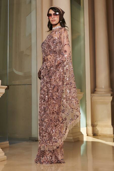 Buy Esha L Amin Brown Net Embroidery, Sequins, Beads Sweetheart Neck Floral Saree With Blouse Online at Aza Fashions Buy_Esha L Amin_Brown Net Embroidery, Sequins, Beads Sweetheart Neck Floral Saree With Blouse _Online_at_Aza_Fashions