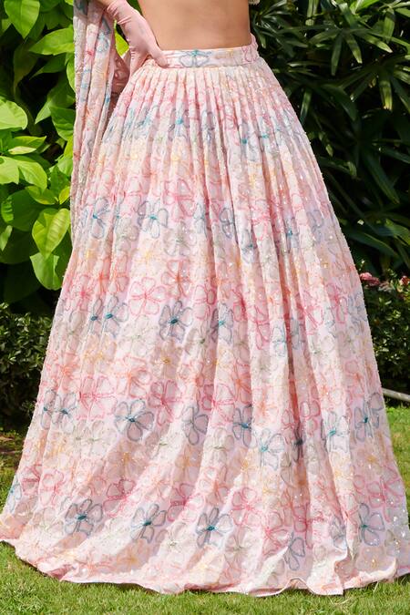 Esha L Amin Pink Georgette Embroidery, Sequins Flower Threadwork Embellished Lehenga Set Online at Aza Fashions Esha L Amin_Pink Georgette Embroidery, Sequins Flower Threadwork Embellished Lehenga Set _Online_at_Aza_Fashions