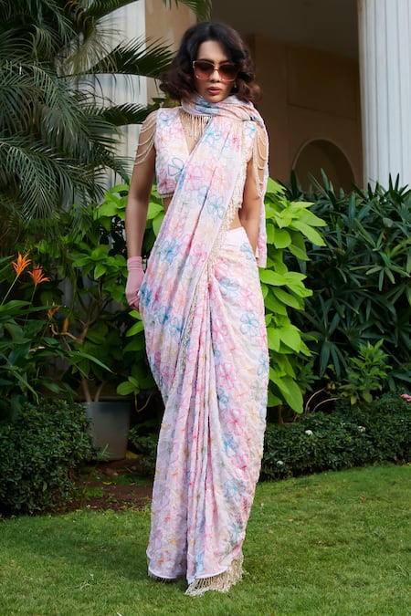 Esha L Amin Pink Georgette Flower Threadwork Pre-draped Saree With Blouse 