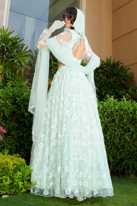 Shop Esha L Amin Green Net Sequins, Beads V-neck Floral Embellished Lehenga Set at Aza Fashions Shop_Esha L Amin_Green Net Sequins, Beads V-neck Floral Embellished Lehenga Set _at_Aza_Fashions