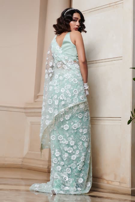 Shop_Esha L Amin_Green Net Sequins, Beads V-neck Floral Embellished Saree With Blouse _at_Aza_Fashions