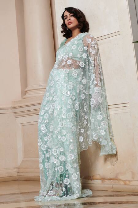 Esha L Amin_Green Net Sequins, Beads V-neck Floral Embellished Saree With Blouse _Online_at_Aza_Fashions