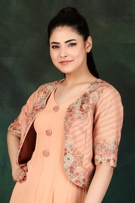 Nidhi Kejriwal Peach Net, Georgette, Denim Diamonds, Anarkali With Hand Embroidered Jacket Online at Aza Fashions Nidhi Kejriwal_Peach Net, Georgette, Denim Diamonds, Anarkali With Hand Embroidered Jacket _Online_at_Aza_Fashions
