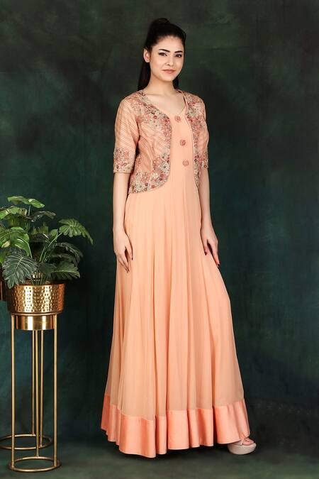 Buy Nidhi Kejriwal Peach Net, Georgette, Denim Diamonds, Anarkali With Hand Embroidered Jacket Online at Aza Fashions Buy_Nidhi Kejriwal_Peach Net, Georgette, Denim Diamonds, Anarkali With Hand Embroidered Jacket _Online_at_Aza_Fashions