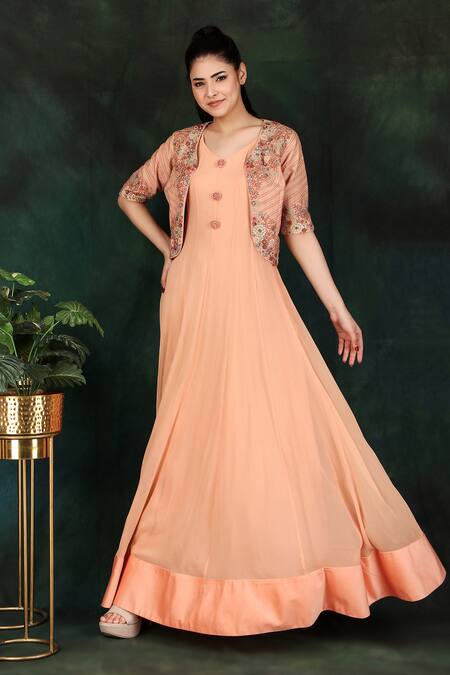 Shop Nidhi Kejriwal Peach Net, Georgette, Denim Diamonds, Anarkali With Hand Embroidered Jacket Online at Aza Fashions Shop_Nidhi Kejriwal_Peach Net, Georgette, Denim Diamonds, Anarkali With Hand Embroidered Jacket _Online_at_Aza_Fashions