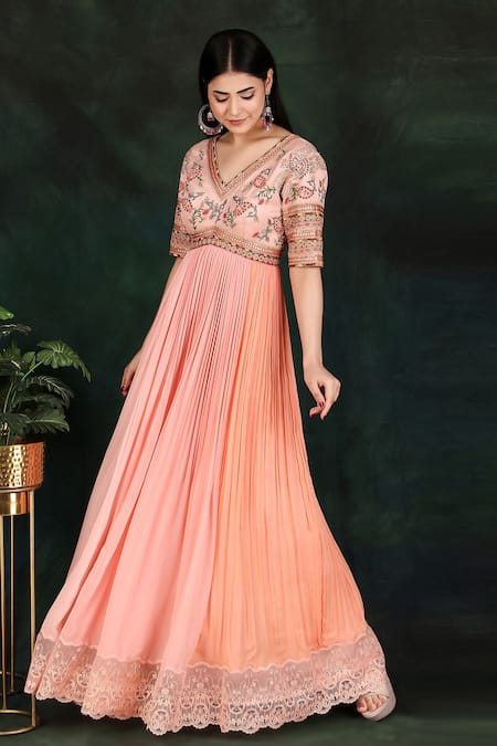 Nidhi Kejriwal_Peach Georgette, Modal, Organza Embroidery, Lace V-neck Yoke Anarkali _Online_at_Aza_Fashions