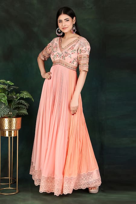 Buy_Nidhi Kejriwal_Peach Georgette, Modal, Organza Embroidery, Lace V-neck Yoke Anarkali _Online_at_Aza_Fashions