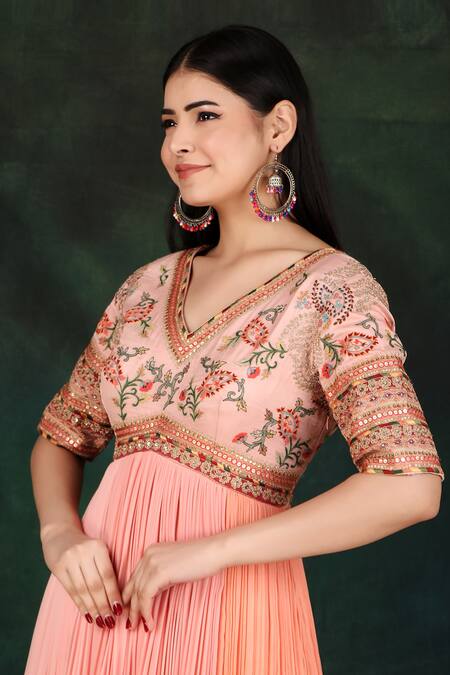 Shop_Nidhi Kejriwal_Peach Georgette, Modal, Organza Embroidery, Lace V-neck Yoke Anarkali _Online_at_Aza_Fashions